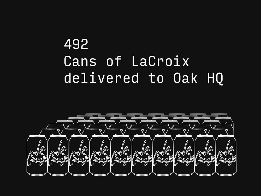 492 cans of LaCroix delivered to Oak HQ