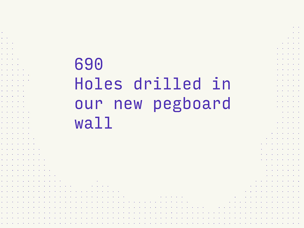 690 holes drilled in our new pegboard wall