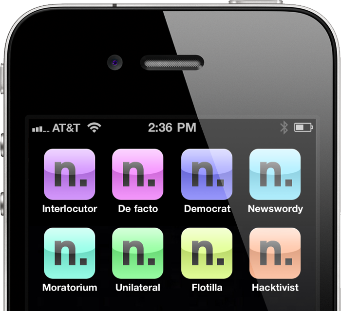 Colorful Newswordy icons on an iPhone (multiple iOS icons shown for illustrative purposes)