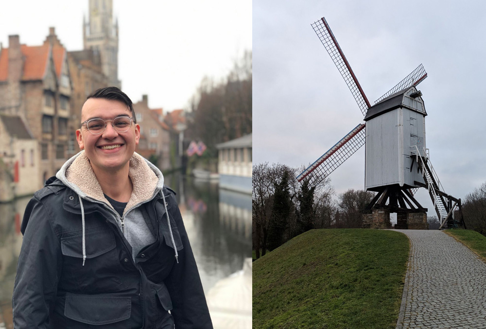 Alex in Bruges, and a super old windmill we weren't supposed to climb