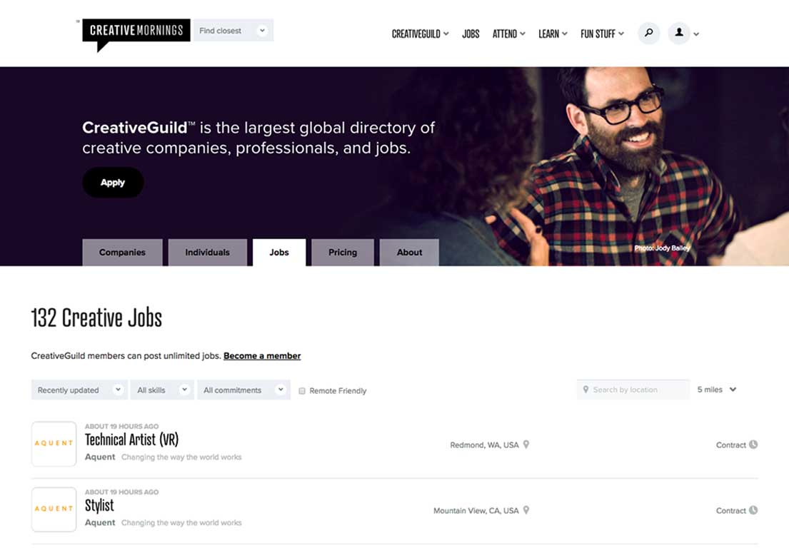 Image of the CreativeGuild job board. See for yourself at https://creativemornings.com/jobs